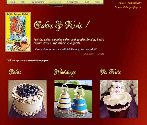 Beth's Cakes & Kids page, showing cakes, wedding cakes, and desserts for kids