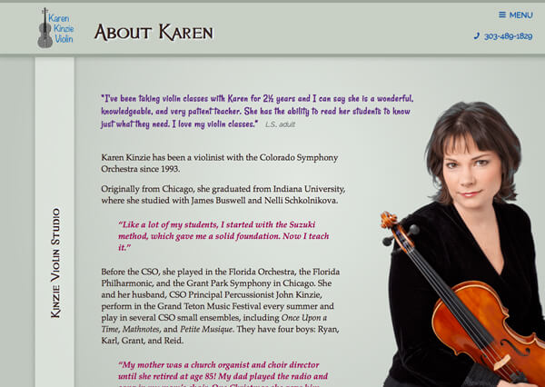 Colorado Symphony violinist and teacher Karen Kinzie's About page