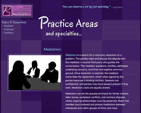 Robin's Practice Areas page, with descriptions of mediation, arbitration, and facilitation.