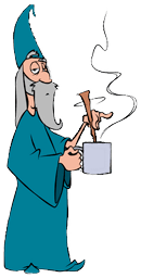 Satisfied wizard stirring his coffee